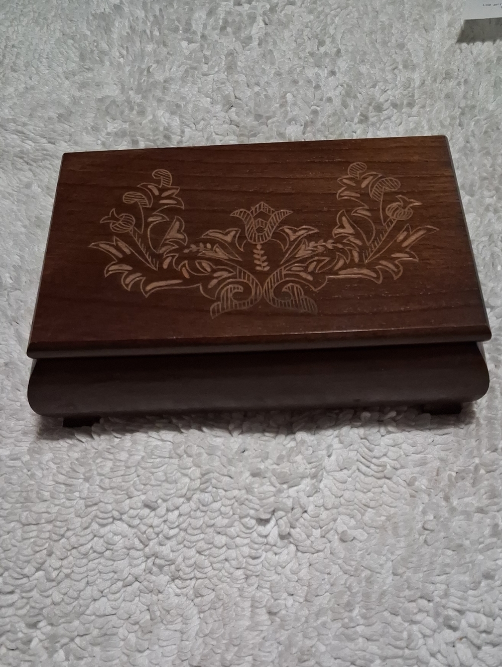 Wooden Jewelry Box with Floral Inlay - Brown